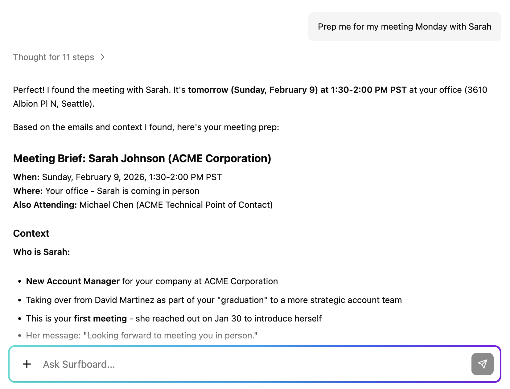 Meeting prep brief with recent messages and key information